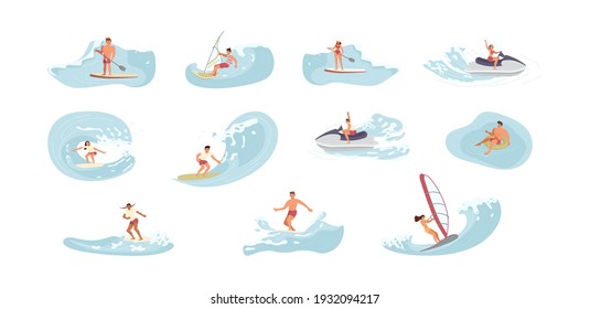 Bundle Of Water Sports People. Men An Women Ride The Barreled Rushing Waves Or Floating On Paddle Board. Happy Characters Isolated On White Background. Flat Art Vector Illustration