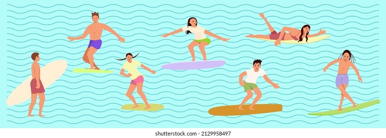 Bundle of water sports people. Set of Men an women surfers ride the Waves. Happy characters isolated. Flat Art Vector illustration