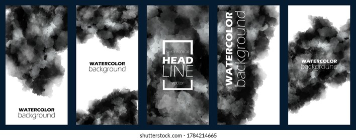 Bundle of watercolor posters, flyers or cards. Banner template with painted background in black and white colors. Vector illustration. Set of light aquarelle for business card. Free copy space.