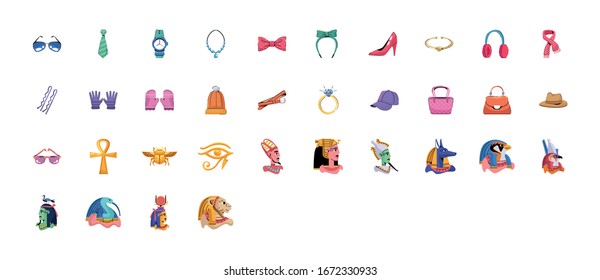 bundle of wear accesories and egypt icons vector illustration design