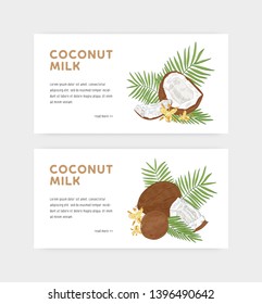 Bundle of web banner templates for coconut milk with coconuts, flowers and palm tree branches. Delicious organic product. Hand drawn vector illustration in vintage style for advertising, promo.
