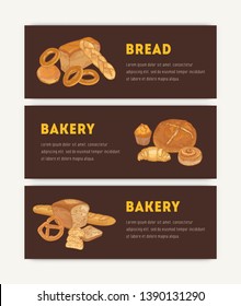Bundle of web banner templates with different breads, sweet delicious pastry and place for text. Hand drawn vector illustration in vintage style for baked products promotion, bakery advertisement.