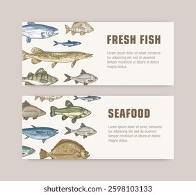 Bundle of web banner templates with fish living in sea, ocean or freshwater ponds and place for text. Elegant colorful realistic vector illustration in vintage style for advertisement, promotion.