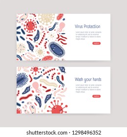 Bundle of web banner templates with harmful single cell microorganisms on white background and place for text. Bacteria and virus protection awareness. Vector illustration in flat cartoon style.
