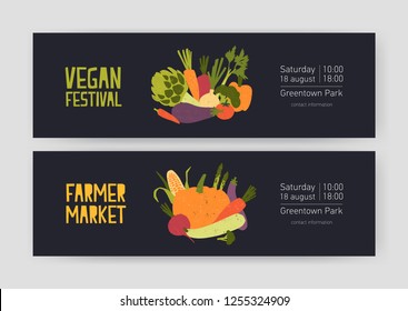 Bundle of web banner templates with harvested crops and gathered vegetables and place for text on black background. Vector illustration for vegan festival and farmers market advertisement, promo.