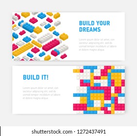 Bundle of web banner templates with plastic construction details, interlocking toy bricks, building blocks, parts or pieces on white background and place for text. Colorful vector illustration.