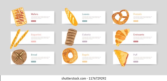 Bundle of web banners with fresh and tasty bread, pastry or baked products and place for text or description. Set of design elements. Vector illustration for bakery promotion, advertisement.