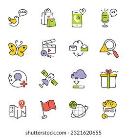 Bundle of Web and Media Hand Drawn Icons 

