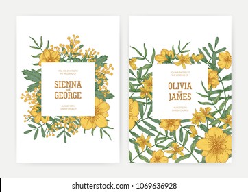 Bundle of wedding party celebration invitation templates with yellow blooming Tansy and Buttercup flowers and place for text on white background. Beautiful realistic floral vector illustration.