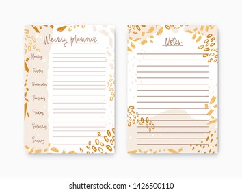 Bundle of weekly planner and list for notes templates decorated by colorful paint stains. Printable pages for diary or reminder for task organization and effective planning. Cool vector illustration.
