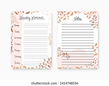 Bundle of weekly planner and notes page templates decorated by colorful artistic scribble, daub and paint stains. Plan, list of tasks, diary, event reminder for week. Modern vector illustration.