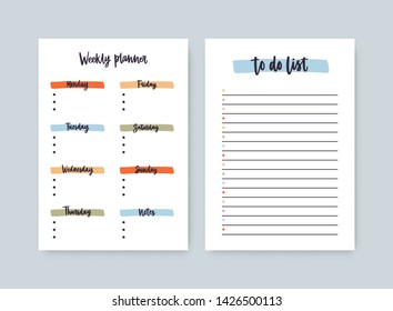 Bundle of weekly planner and to-do-list templates with headings highlighted by brushstrokes. Printable daily plan, schedule, reminder, organizer or timetable. Modern colorful vector illustration.