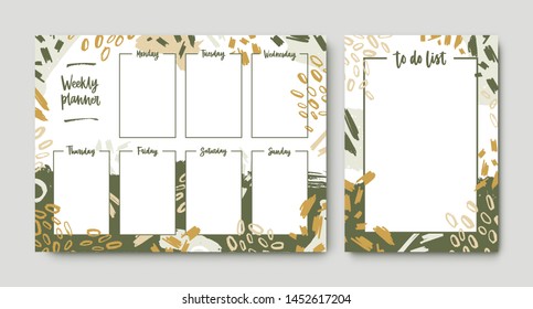 Bundle of weekly planner and to-do-list templates with frame decorated by green brush strokes, paint traces and scribble. Printable pages for task and appointment planner. Modern vector illustration.