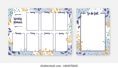 Bundle of weekly planner and to-do-list templates with frame decorated by brush strokes, paint traces and scribble. Effective daily task and appointment planning. Modern creative vector illustration.