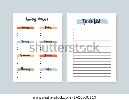 Bundle of weekly planner and to-do-list templates with headings highlighted by brushstrokes. Printable daily plan, schedule, reminder, organizer or timetable. Modern colorful vector illustration.