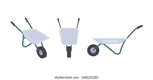 Bundle of wheelbarrows isolated on white background. Front and side views. Modern gardening tool or agricultural implement used in horticulture and plant cultivation. Flat cartoon vector illustration.