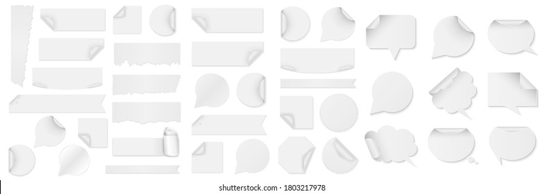 Bundle of white paper stickers of different shapes with curled corners isolated on white background. Speech bubble, torn paper, round, square, rectangular. Vector illustration. Template paper design.