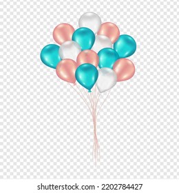 Bundle of white, pink and blue balloons. Transparent vector elements for design.