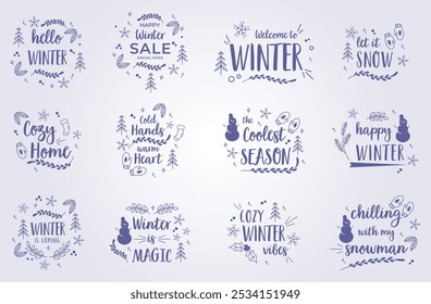 bundle of winter quotes illustration lettering vector printing design, set of aesthetic winter text design