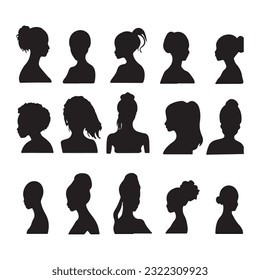  bundle of Woman side face with diffrent hair styles silhouette isolated on white background vectors design template- vector illustrations set.