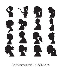  bundle of Woman side face with diffrent hair styles silhouette isolated on white background vectors design template- vector illustrations set.