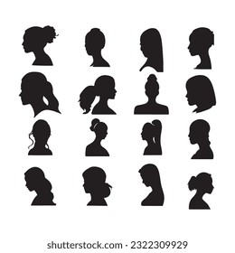  bundle of Woman side face with diffrent hair styles silhouette isolated on white background vectors design template- vector illustrations set.