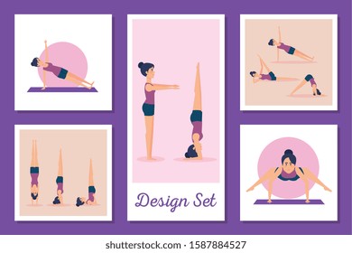 bundle of women practicing yoga vector illustration design
