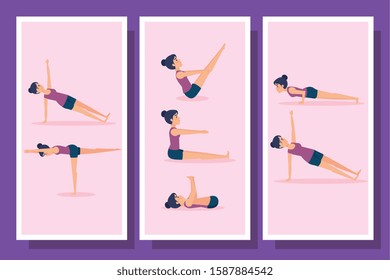 bundle of women practicing yoga vector illustration design