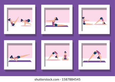 bundle of women practicing yoga vector illustration design