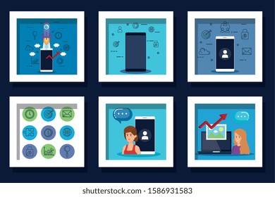 bundle of women with teamwork icons vector illustration design