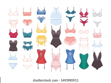 Bundle of women's lingerie and nightwear sets isolated on white background. Collection of elegant undergarments or sexy female underwear. Colorful vector illustration in modern line art style.