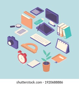 bundle of work place equipment icons vector illustration design