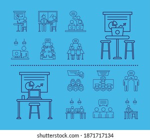 bundle of workers avatars coworking line style icons in blue background vector illustration design