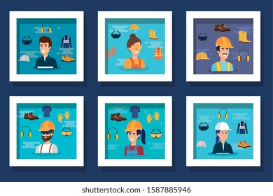 bundle of workers with uniforms and personal protection elements vector illustration design
