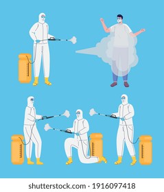 conjunto de trabajadores con traje de riesgo biológico desinfectando diseño de ilustración vectorial