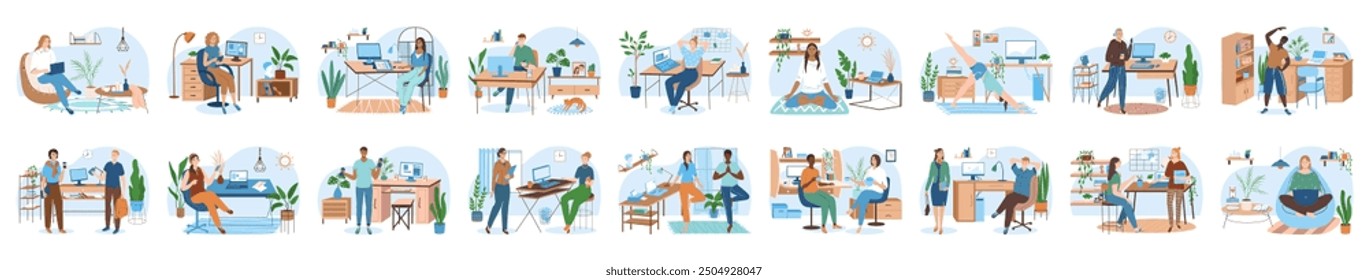 Bundle of workplace concepts with people scene in flat cartoon design. A large collection of vivid illustrations of men and women against the background of their workspace. Vector illustration.