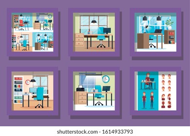 bundle of workplaces scenes and icons vector illustration design