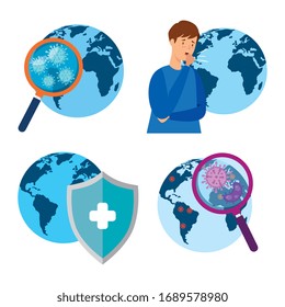 bundle of worlds with coronavirus 2019 ncov and icons vector illustration design