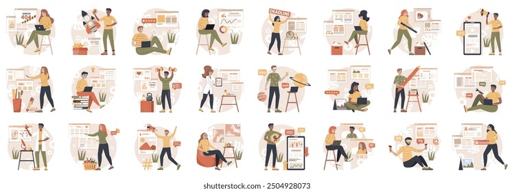 Bundle of yellow and brown concepts with people scene in flat cartoon design. A huge collection of vivid illustrations depicting men and women in various situations. Vector illustration.