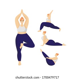 Bundle of yoga positions. Happy plus size girl in different yoga positions. Happy body positive concept. I love my body. For Fat acceptance movement. Isolation Illustration white background. Yoga set.
