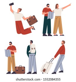 Bundle of yong women and men go on trip. Women and men with suitcase or luggage studying map, jumping with luggage and passport. Flat vector illustration