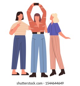 Bundle of yong women taking selfie. Friends standing with phone taking picture. Flat vector illustration