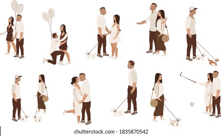 A bundle of young families walking, couples in love, men and women spending their leisure time together. Isolated on a white background. Flat cartoon vector illustration