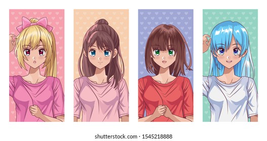 bundle of young girls style characters vector illustration design
