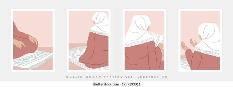 Bundle of Young Hijab Girl Doing Praying, Reciting,Reading Holy Quran and Making Dua in Ramadan. Female Muslim isolated in Flat Pastel Color Illustration Celebrating Ramadan Kareem Concept Vector.
