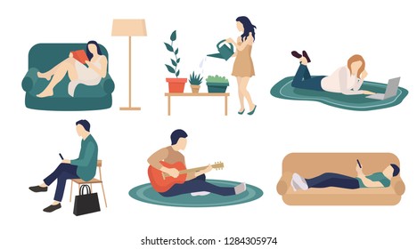 Bundle of young men and women spending weekend at home - playing guitar,  reading books, care for flowers, surfing internet, listening to music. Colored vector illustration in flat cartoon style.