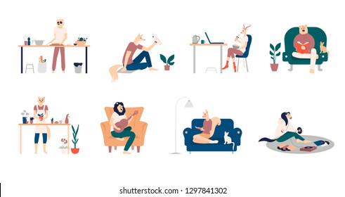Bundle of young men and women spending weekend at home - playing guitar, eating sushi, reading books, surfing internet, listening to music, cooking. Colored vector illustration in flat cartoon 
