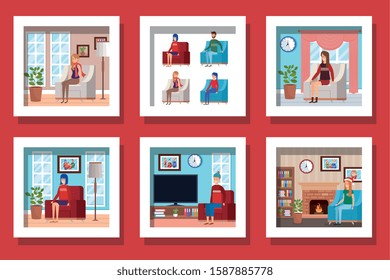 bundle of young people christmas scenes vector illustration design