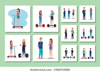 bundle of young people in electric skateboards vector illustration design