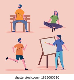 bundle of young people practicing activities characters vector illustration design